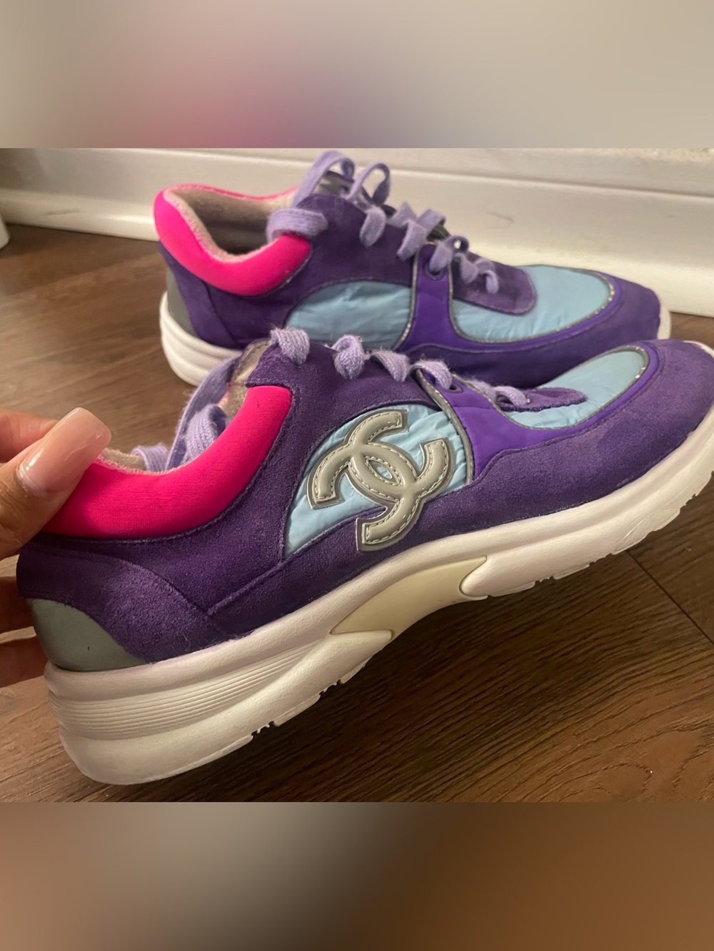 Authentic CHANEL Purple, Light Blue & Pink Suede Logo Sneakers